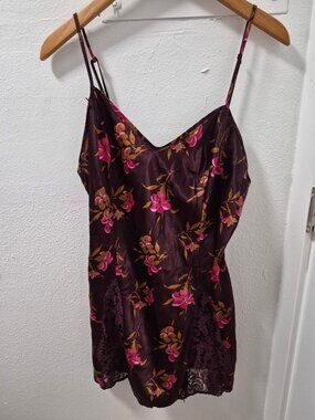 Victorias Secret Floral Satin Chemise Lace Panels Purple Pink Gold Womens Size L
